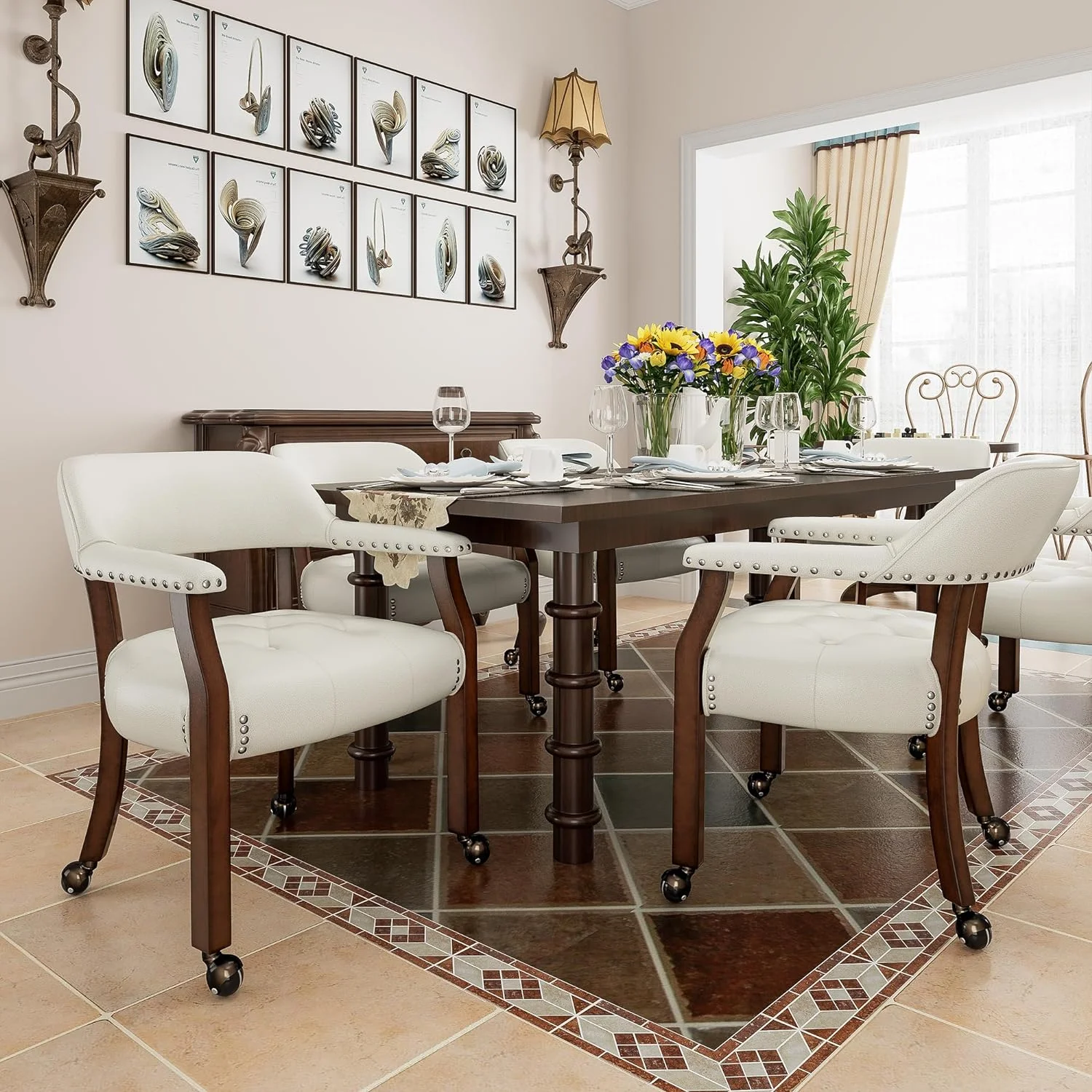 Dining Chairs With Casters And Arms, Rolling Dining Chairs With Wheels, Accent Game Chairs, Solid Wood Caption's Chairs Office Desk Chairs