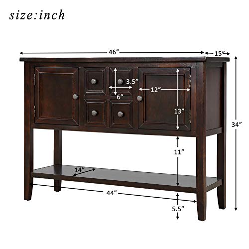 LOVMOR Cambridge Series Buffet Sideboard Console 2 Cabinets 4 Storage Drawers and Open Bottom Shelf