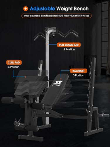 JX FITNESS Olympic Weight Bench with LAT Pulldown Pulley System and Preacher Curl Pad, Workout Bench Press Multi-Function Weight Lifting Gym/Home Gym
