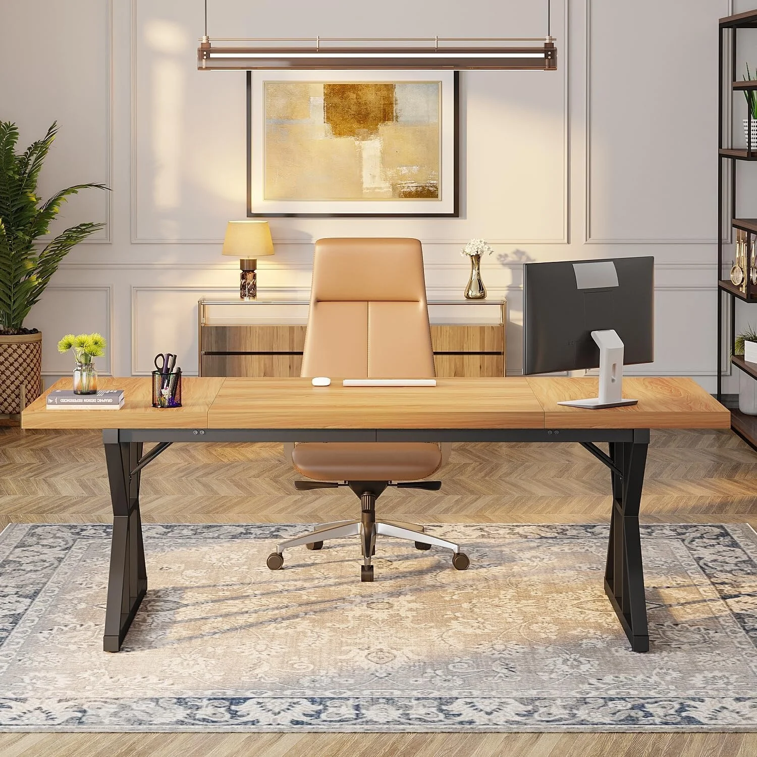 70.8-Inch Executive Desk, Large Computer Office Desk Workstation Light Walnut/Black - 70.86 L x 31.49 W