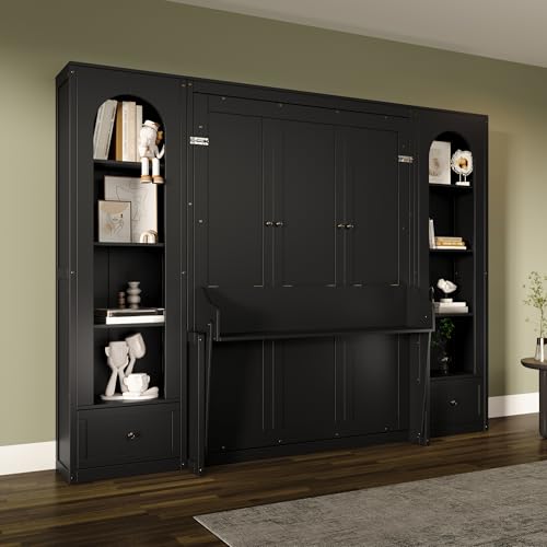 Merax Queen Size Murphy Bed, Wooden Queen Murphy Bed Wall Bed with Sofa and Cushion, for Home Office or Small Room, White