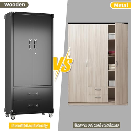 Aobabo 71" H×32" W×16" D Metal Storage Cabinet with Wheels, Garage Steel Storage Cabinet with 5 Adjustable Shelves and 4 Hooks for Home Office