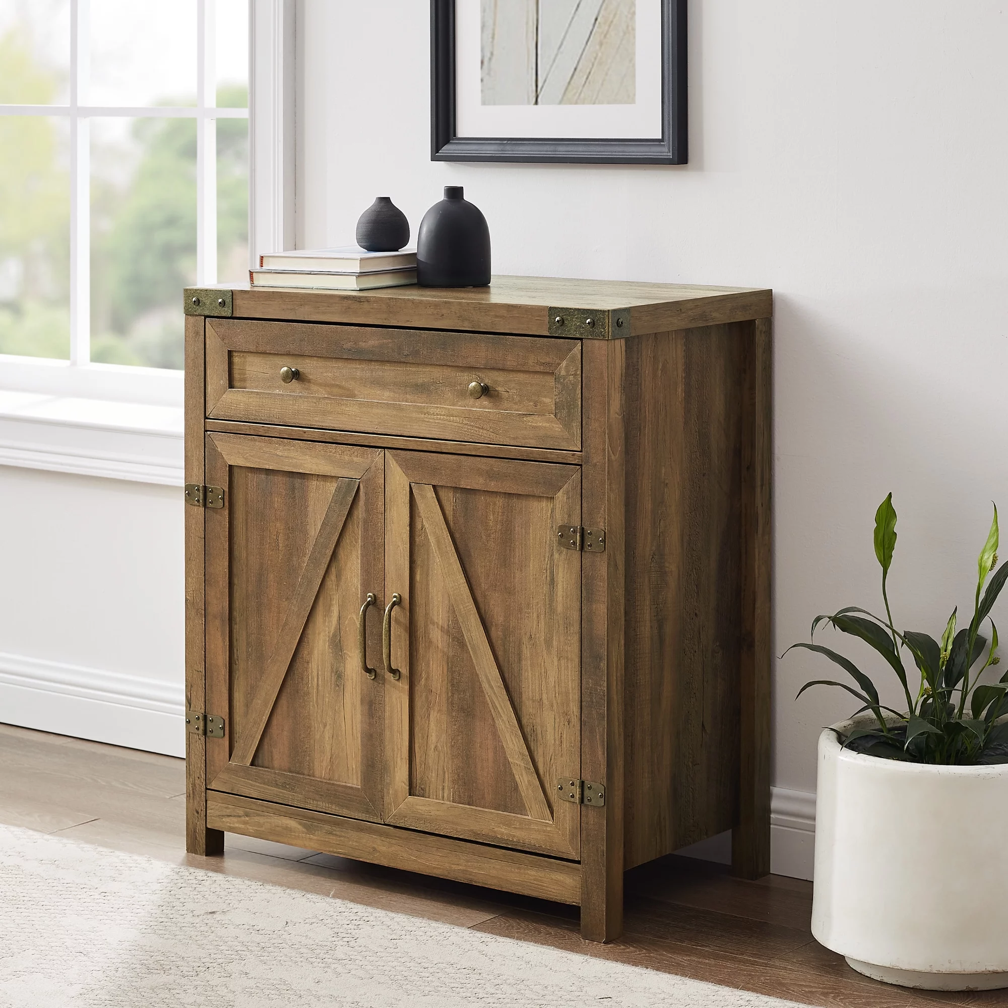 Walker Edison Farmhouse Barn Door Accent Cabinet, Reclaimed Barnwood