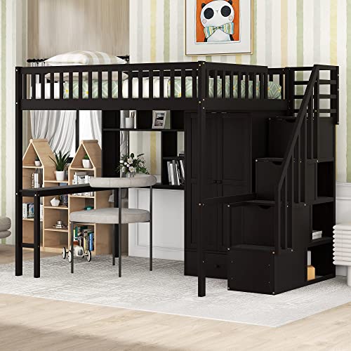 Twin Loft Bed with Staircase, Desk and Wardrobe, Wood Loft Bed with Storage Shelves and Safety Guardrail