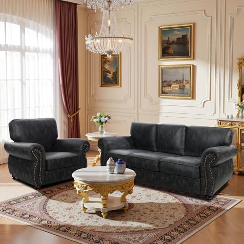 Mid-Century Vintage Sofa Couches with Rivet Design,3-Seater Sofa,Removable Sofa Cover Upholstered Cushions and Solid Wood Frame (Brown, 3-Seater)