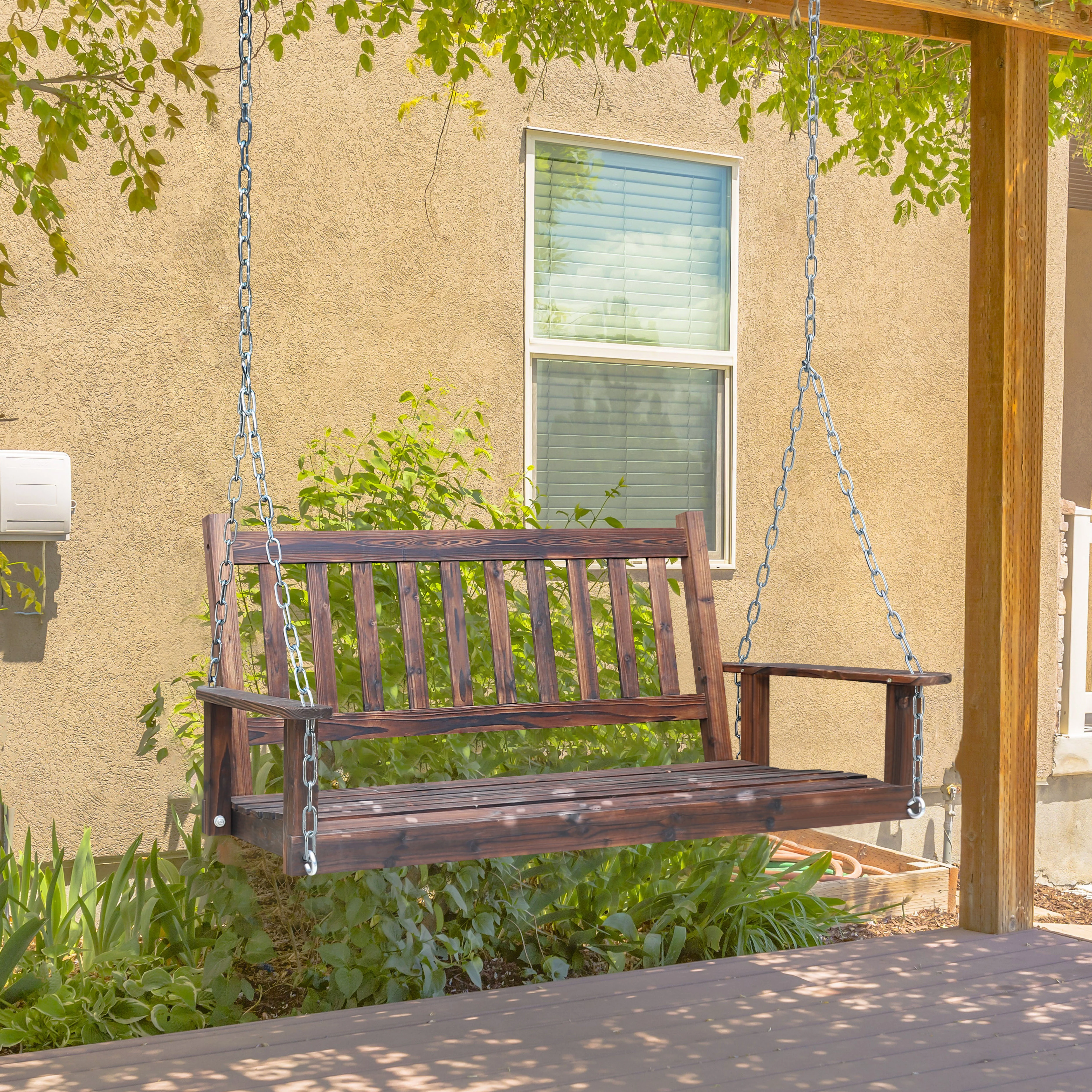VEIKOUS Outdoor Wooden Porch Swing 4ft w/ Chains 2-person Swing Bench Chair for Patio, Rustic