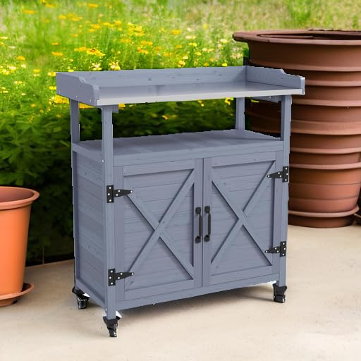 Outsunny Outdoor Wooden Potting Bench Table, Garden Workstation with Storage Cabinet, Aluminum Table Top, Rubber Wheels for Backyard, Patio, Balcony