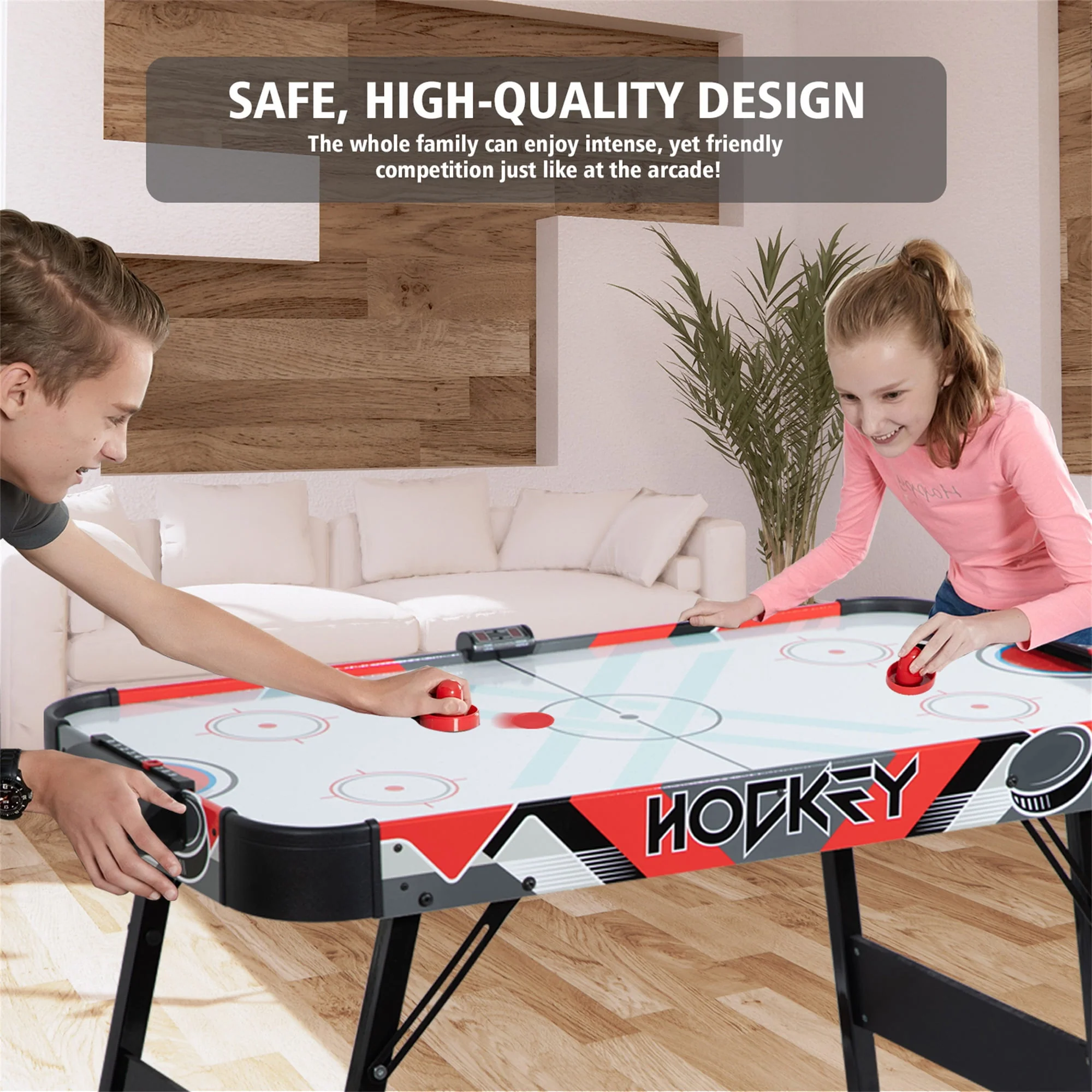 RayChee 48in Foldable Air Powered Hockey Table for Home Game Room w/ 2 Pucks, 2 Pushers, LED Scoreboard, 12V Motor (Oak)