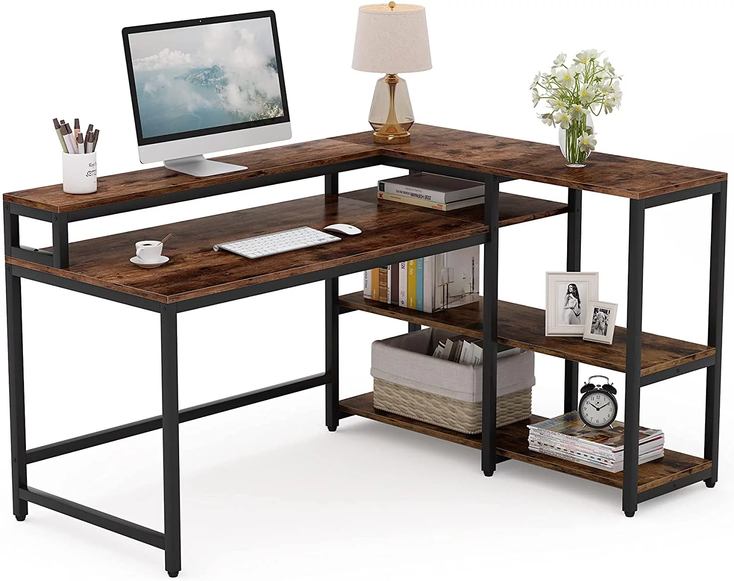 Tribesigns Reversible L Shaped Computer Desk with Hutch and Shelf Industrial Home Office Desk Rustic Brown