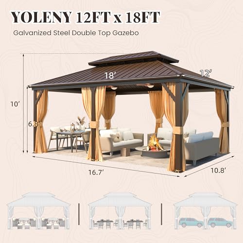 YOLENY 10' x 12' Hardtop Gazebo, Metal Gazebo with Aluminum Frame, Double Galvanized Steel Roof, Curtains and Netting Included