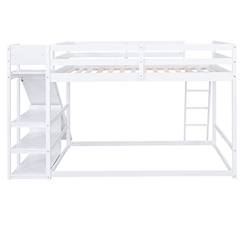 Full-Over-Full Castle Style Bunk Bed with 2 Drawers and 3 Shelves, Wood Bunk Bed Frame with Slide and Storage Staircase for Kids Teens Boys Girls
