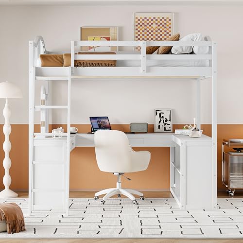 Harper & Bright Designs Full Size Loft Bed with Desk, Storage Shelves and Drawers, Solid Wood Loft Bed Frame with Built-in Wardrobe, Walnut