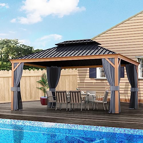 HAPPATIO 10' x 12' Hardtop Gazebo with Netting and Curtains, Double Roof Permanent Patio Metal Gazebo Canopy for Patio, Deck, Backyard （Gray）