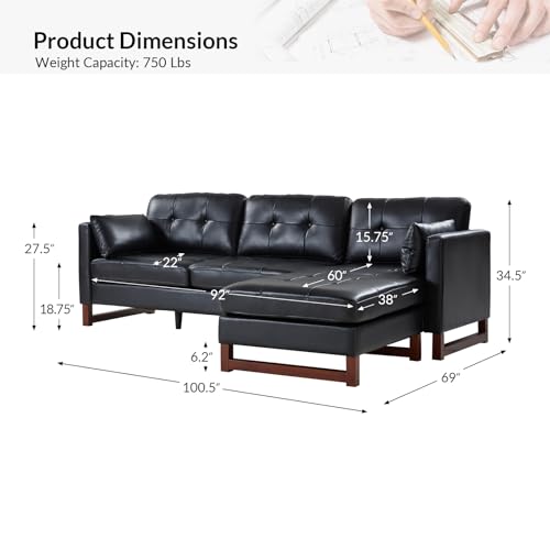 HULALA HOME Genuine Leather Sectional Sofa, 100 inch L Shaped Sofa Couches, Upholstered Reversible 3 Seater Sofa Couch with Chaise
