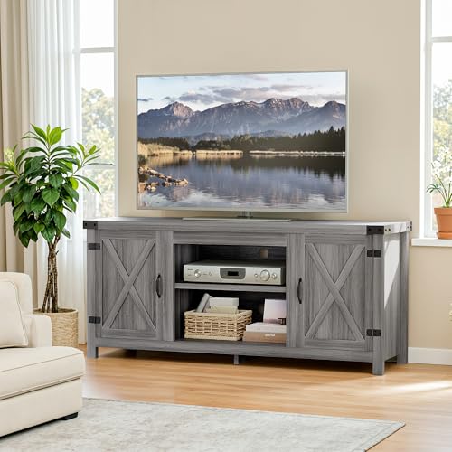 YESHOMY Modern Farmhouse TV Stand with Two Barn Doors and Storage Cabinets for Televisions up to 65+ Inch, Entertainment Center Console Table