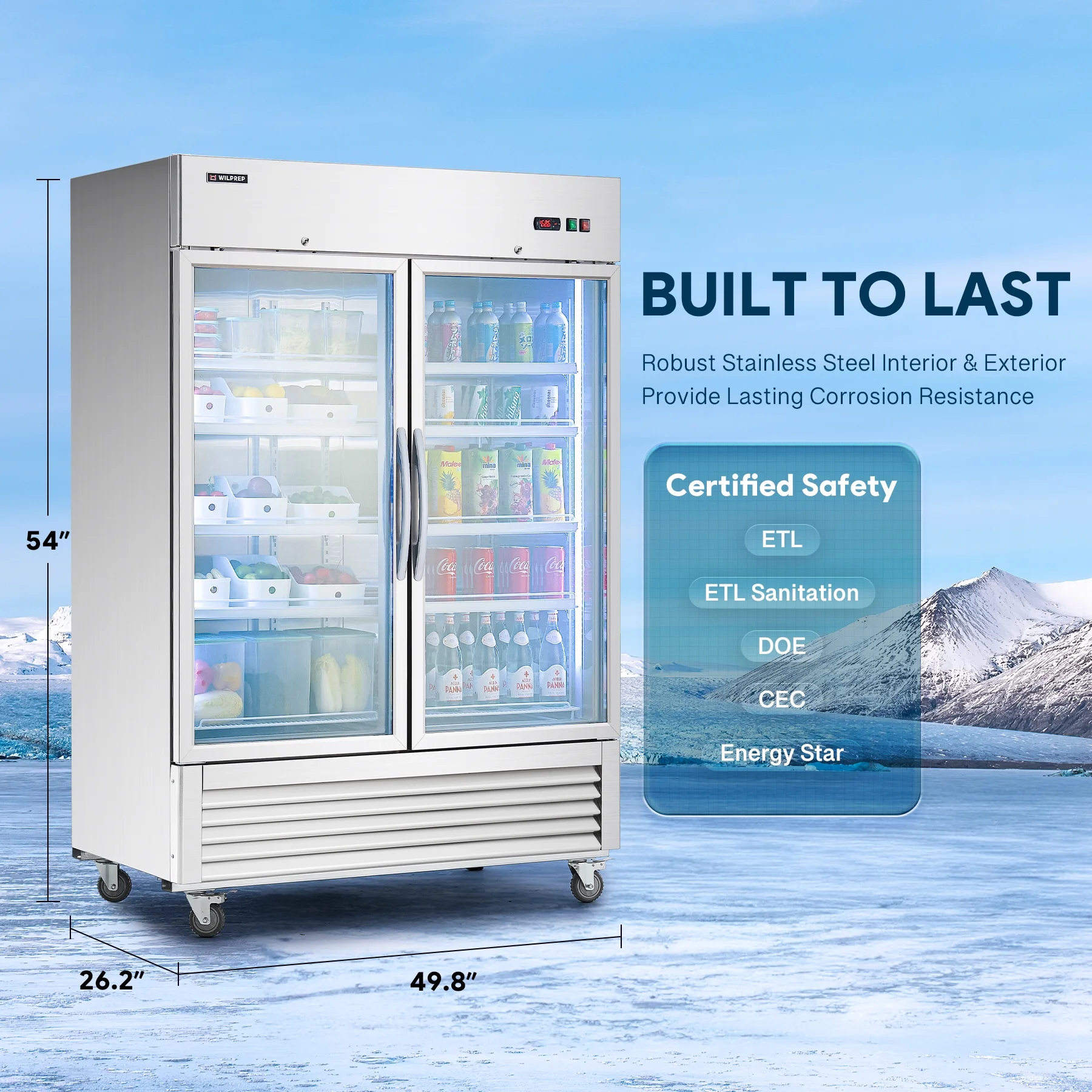 WILPREP Commercial Refrigerator, 54" 2 Glass Door Display Refrigerator with 42.2 cu. ft. Capacity, Certified by ETL, ETL Sanitation, DOE, CEC