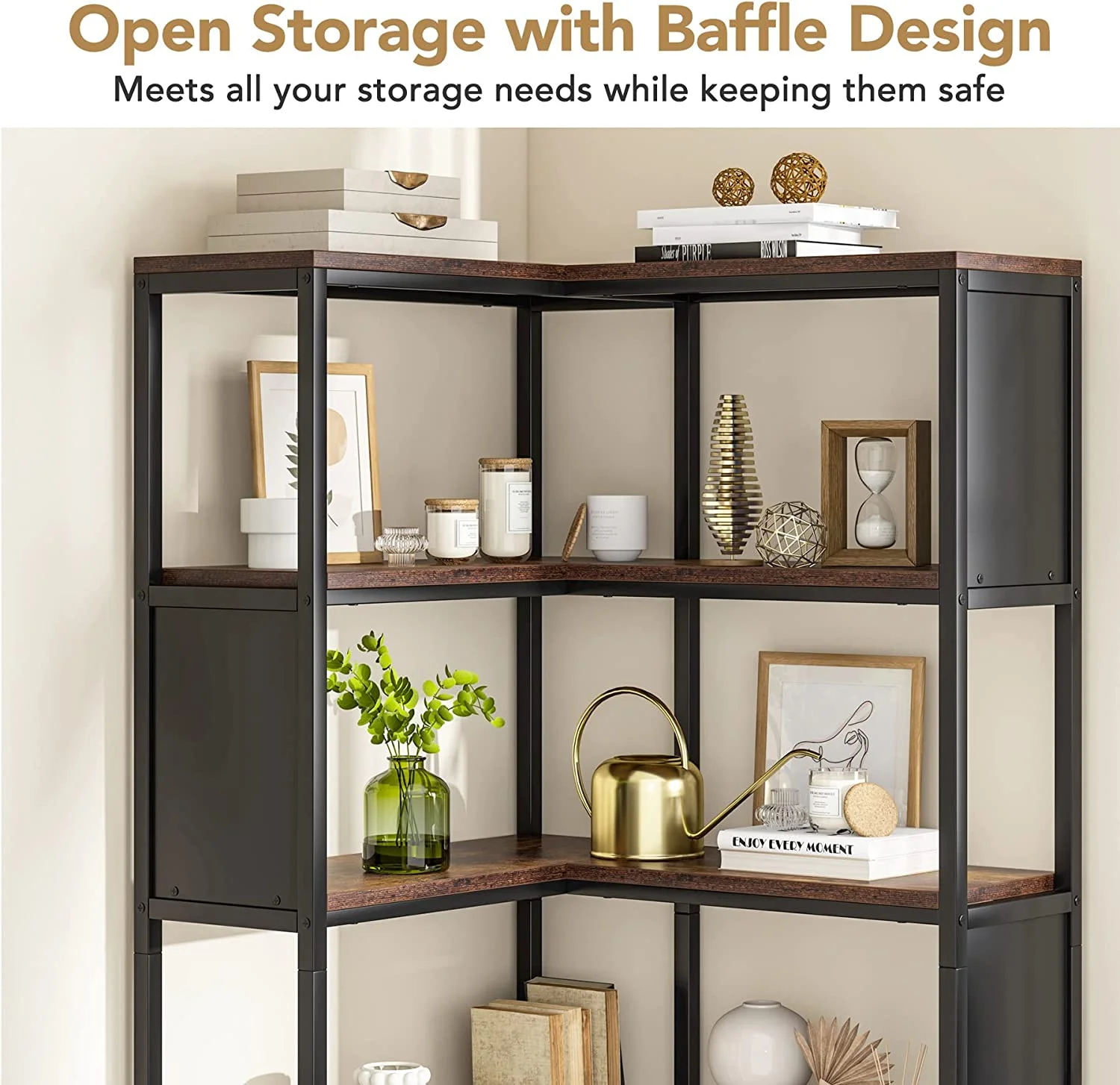 KHBIULIFE 5- Corner Bookshelf  Industrial 5-Tier L-Shaped Bookcase with Safety Baffles  Large Corner Book Shelves  Display Rack for Home Office