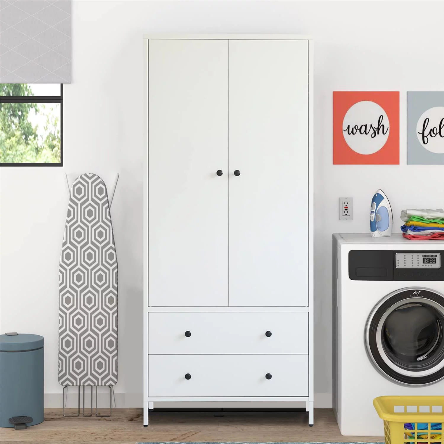 WANHUI Metal Storage Wardrobe with Hanging Rod, Armoire with 2 Doors and 2 Drawers，Steel Wardrobe Closet for Home