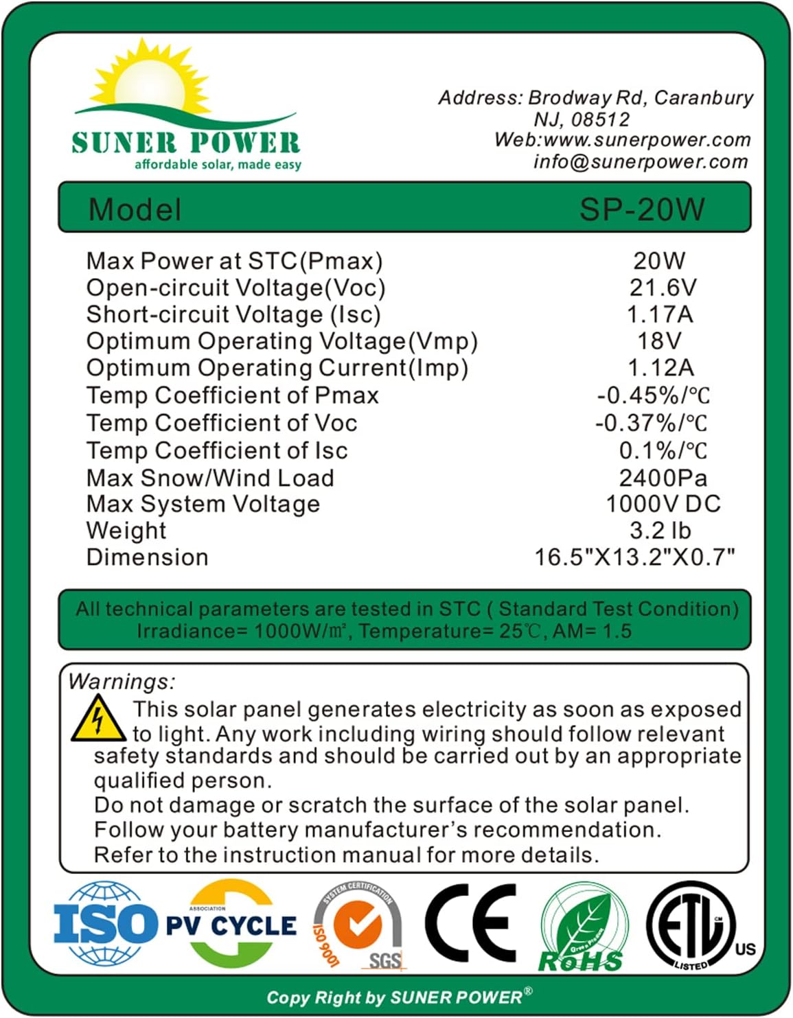 SUNER POWER 50 Watts Mono Crystalline 12V Solar Panel Kits