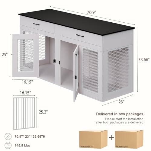 71 Inch Dog Crate Furniture for 2 Dogs, XXL Double Cage with Removable Divider & Large Doors, Heavy Duty Wooden Dog Kennel, Indoor Pet House (Black