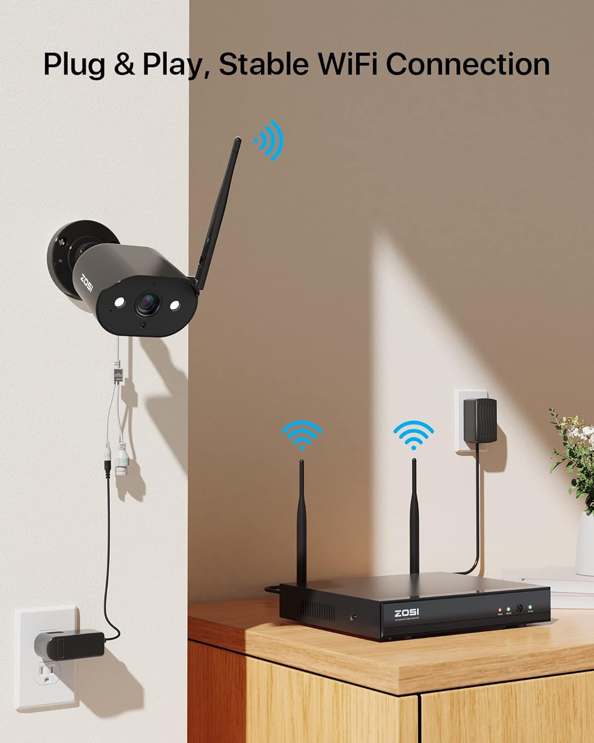 ZOSI 8 Channel 2K Wireless Security Camera System Outdoor Indoor, 4 X 3MP WiFi IP Camera with Color Night Vision, Plug-in, Spotlight, 2-Way Talk