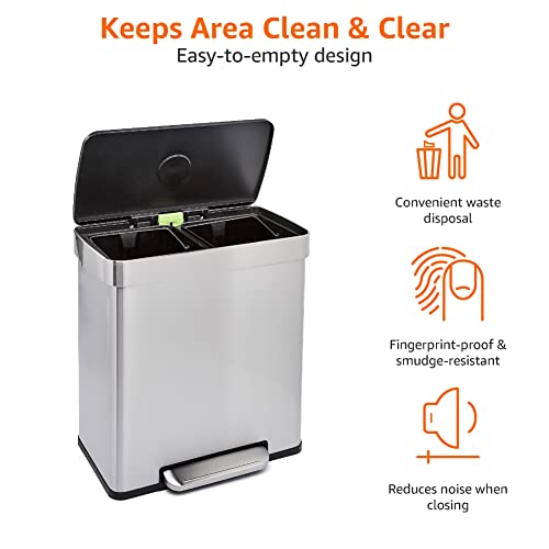 Amazon Basics Rectangular Recycling Trash Can with 2 Compartments, Grey,Silver, 60 Liters