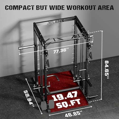 M21 Smith Machine, Multi-Function Power Cage with Dual Pulley Cable Crossover System, 2000LBS All-in-One Squat Rack with Smith Bar and Attachments