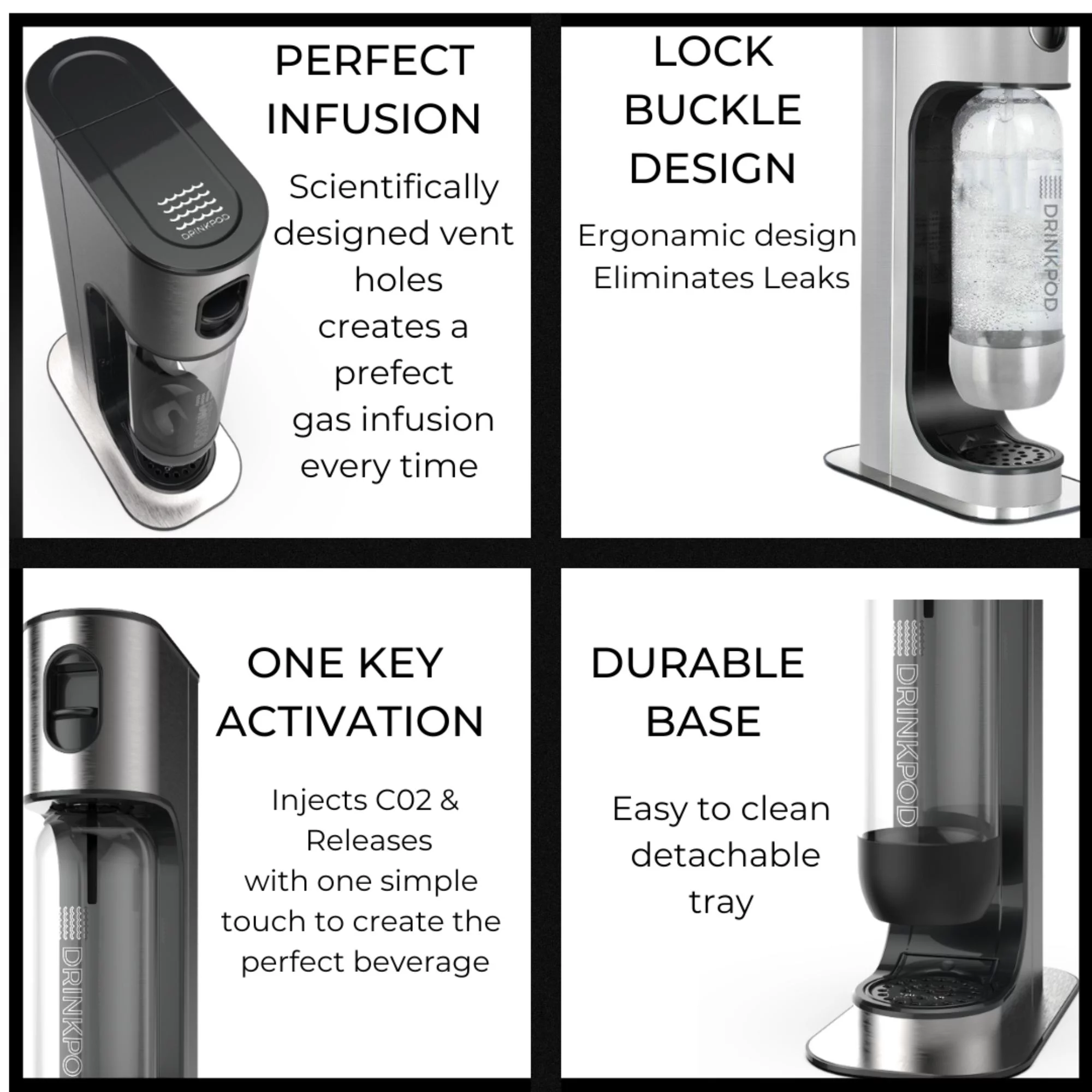 Drinkpod Stainless Steel Premium Sparkling Water Machine | Includes 1 C02 Cylinder & 3 x Bottles | Ultra Fizz Carbonated Machine In Stainless Steel