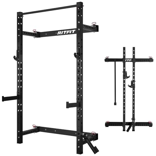 RitFit Multi-Functional Folding Squat Rack for Home Gym, 2.36'' x 2.36'' Wall Mounted Squat Rack with Attachments - Space Saving Squat Power Rack