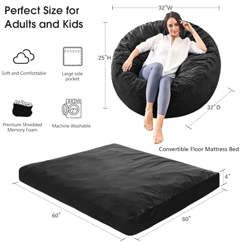 Bean Bag Chairs for Adults - Giant Bean Bag Chair Convertible Bean Bag Bed - Beanbag Chair with Micro Fiber Cover/Furniture Foam Filler