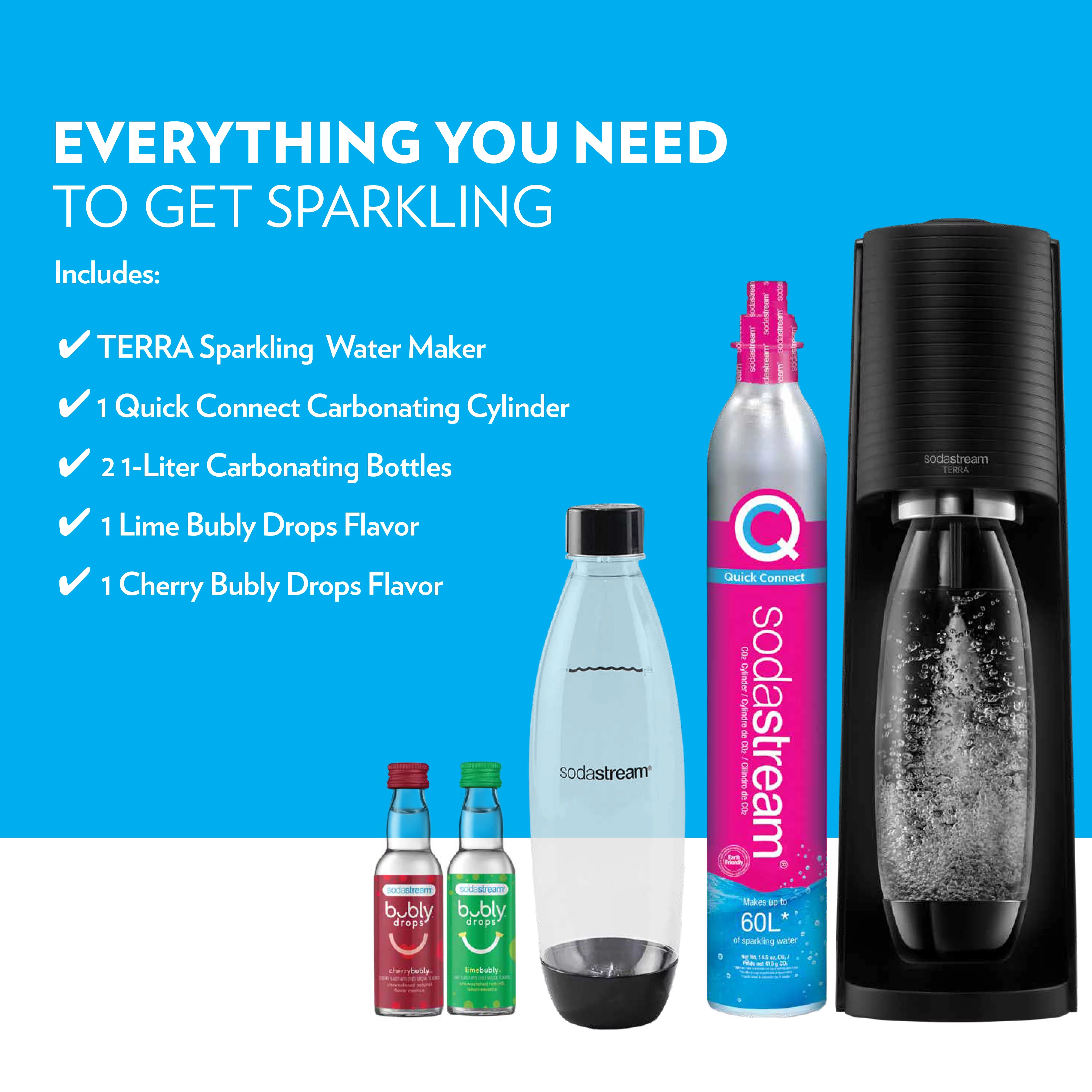 SodaStream Terra Sparkling Water Maker Bundle with CO2, 2 Bottles and 2 bubly Drops Flavoring - Radiant Selections