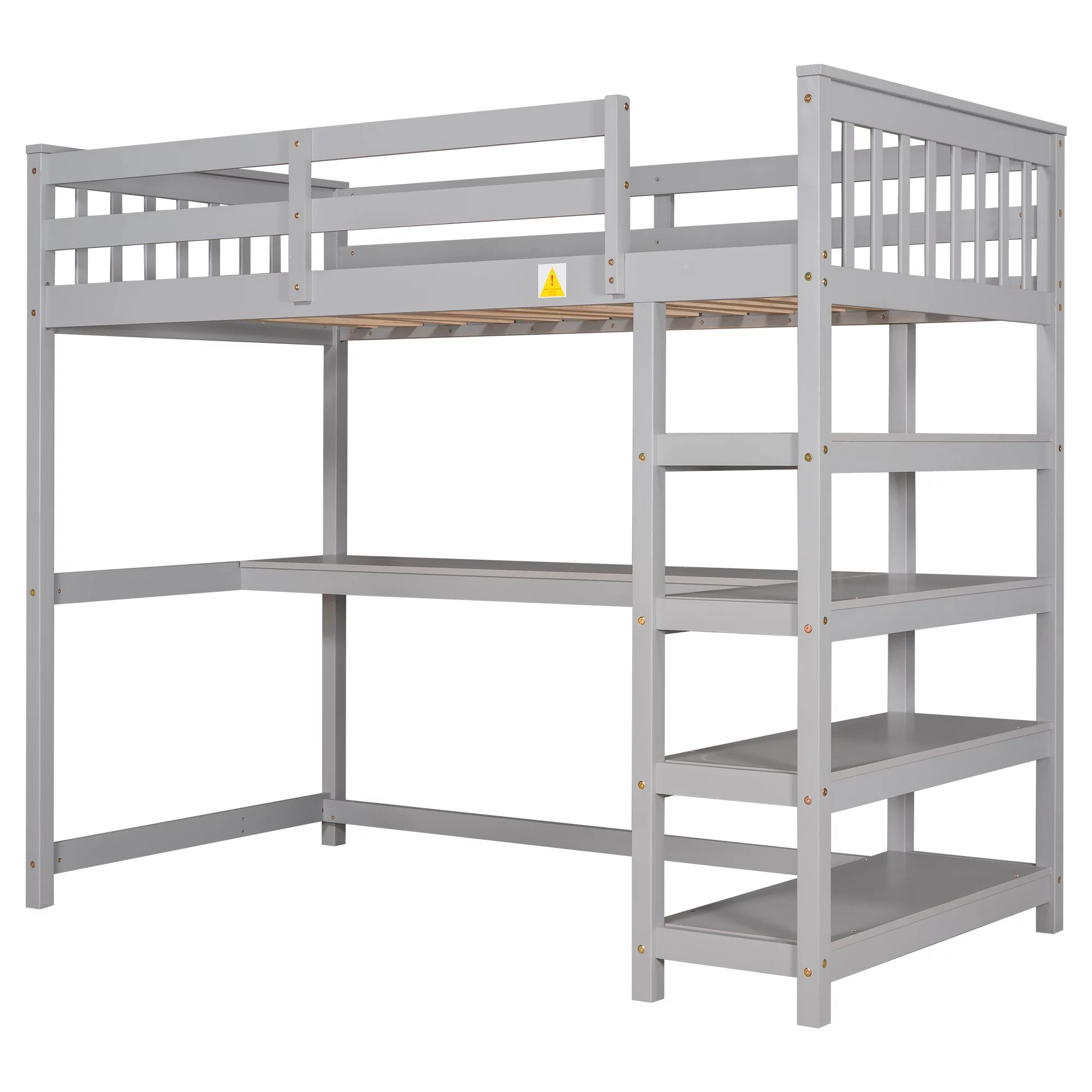 Euroco Twin Size Loft Bed with Built-in Desk and Shelves for Kids Teens Adults, Gray