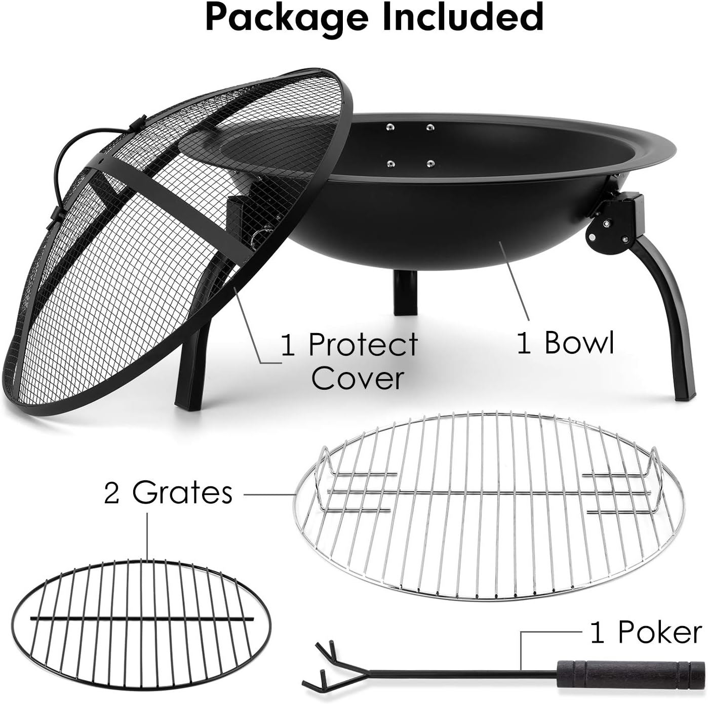 AMAGABELI GARDEN & HOME Fire Pit Outdoor Wood Burning Portable Folding 22in Firepit Firebowl Fireplace Poker Spark Screen Retardant Mesh Lid Deep