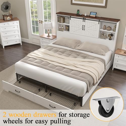 HOWE King Size Bed Frame, Wood Platform Bed Frame with 51.2" Bookcase Headboard, Storage Bed with Sliding Barn Door Charging Station 2 Drawers