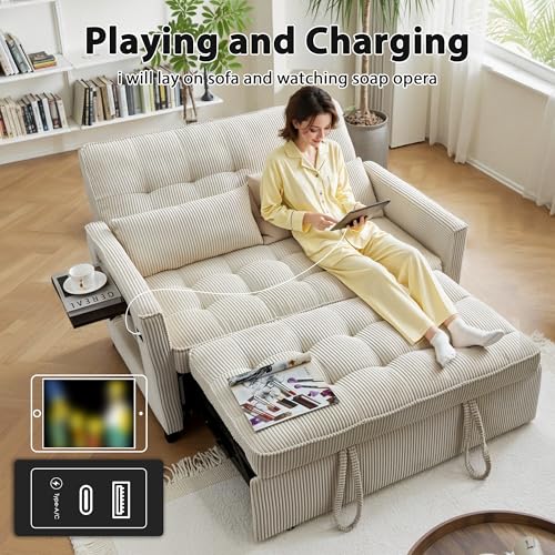 Sleeper Sofa Bed, 52‘’ Convertible Pull Out Couch with Small Table| USB Port | Side Pockets | Corduroy Fabric | Adjustable Backrest for Apartment