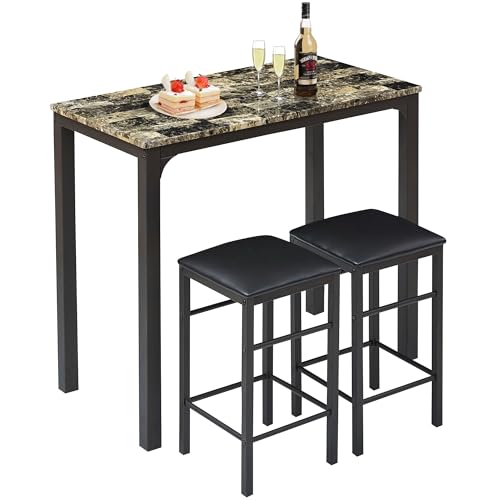 VECELO Kitchen Dining Room Table Set with 2 Chairs for Small Space, Apartment,Metal Steel Frame