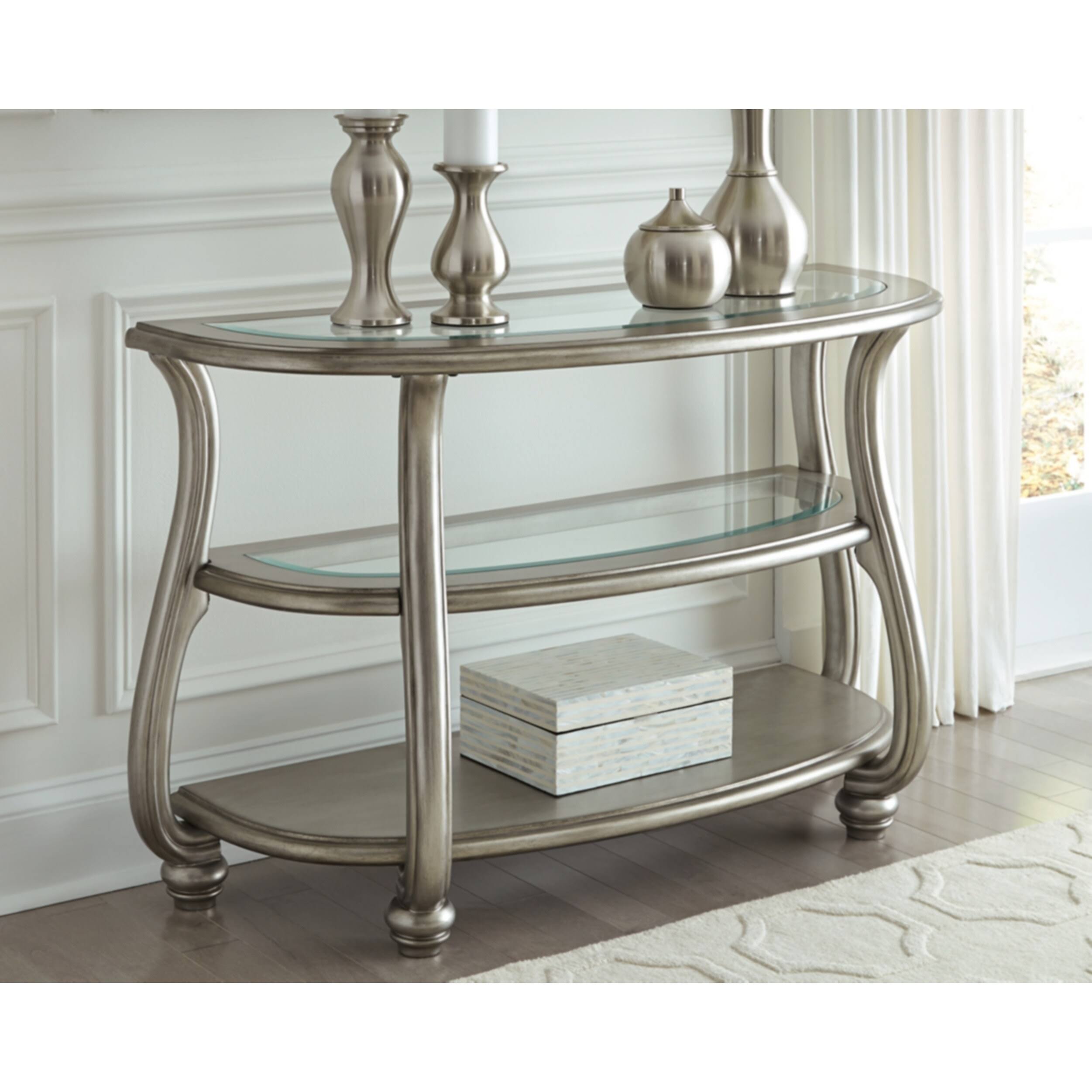 Ashley Furniture Coralayne Glass Accent Console Table in Silver