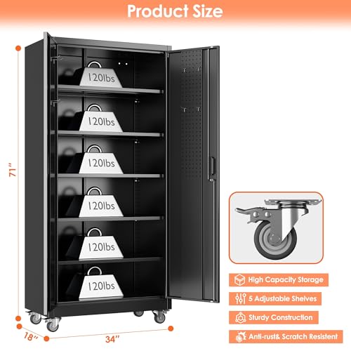 71" Metal Storage Cabinet with Wheels and Pegboard, Lockable Rolling Steel Storage Cabinet with 5 Adjustable Shelves and Door for Garage, Office