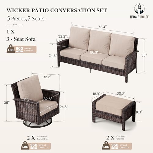 HERA'S HOUSE High Back Patio Furniture Set with Swivel Chairs, Outdoor Wicker Conversation Sets with 5.5" Comfy Cushions, 4 Piece Outside Sofa Sets