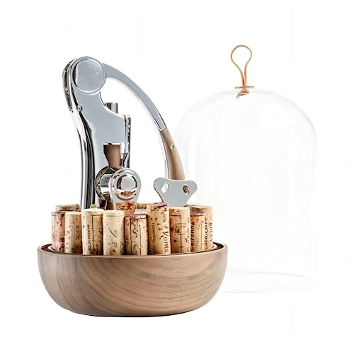 L'atelier Du Vin Oeno Motion Groom Corkscrew & Cork Dome Glass Cloche Display - Tabletop Centerpiece Walnut Wood Base Wine Tasting