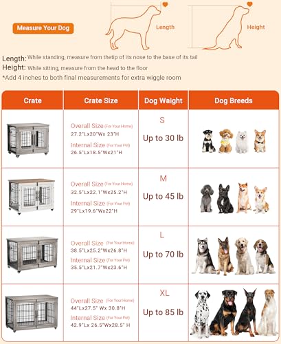 Lulive Dog Crate Furniture for Medium Dogs, 32'' Dog Kennel Indoor with Cushion & Wheels Wooden Dog Cage Double Doors Dog Crate End Table, Grey