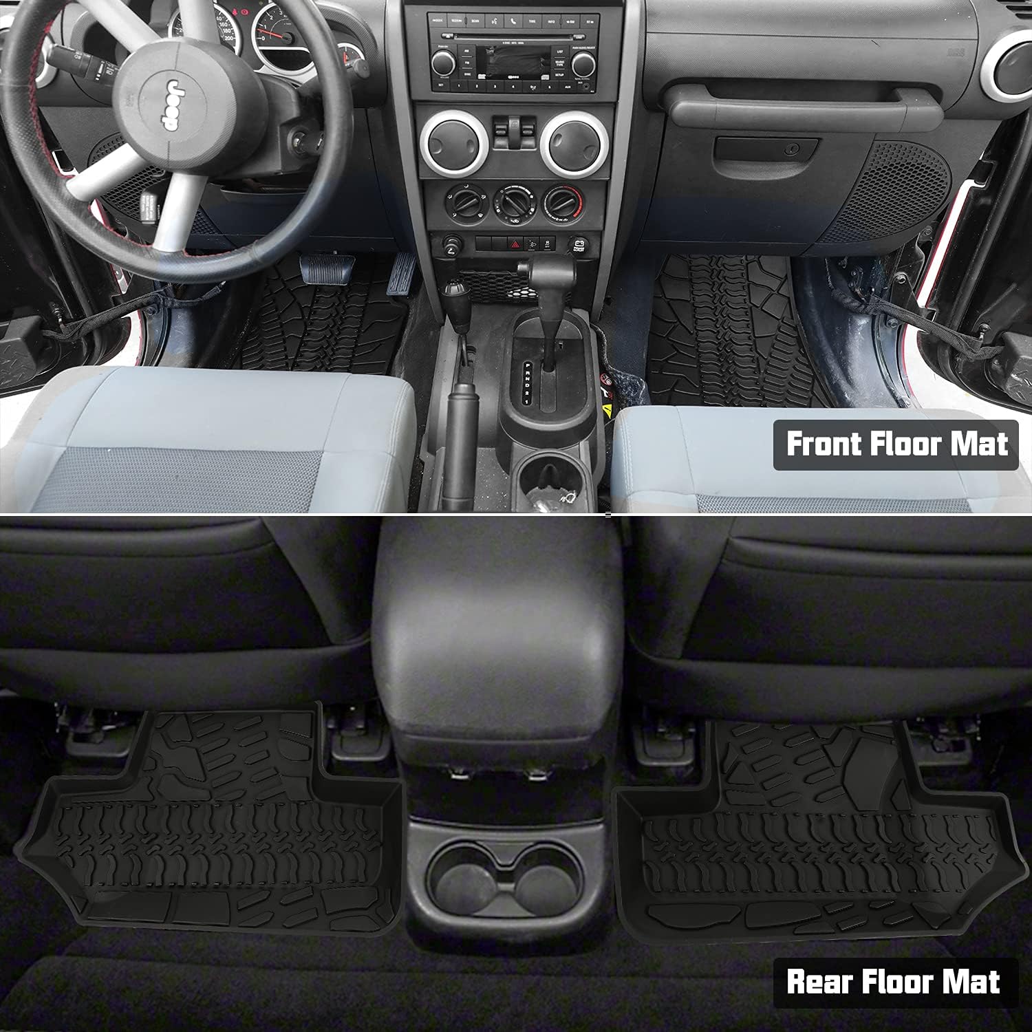 Winunite Black Slush Floor Mats Compatible with Jeep Wrangler JK 2 Door 2007-2013 Front and Rear Row All Weather Protector Mat TPE Floor Carpet Liner