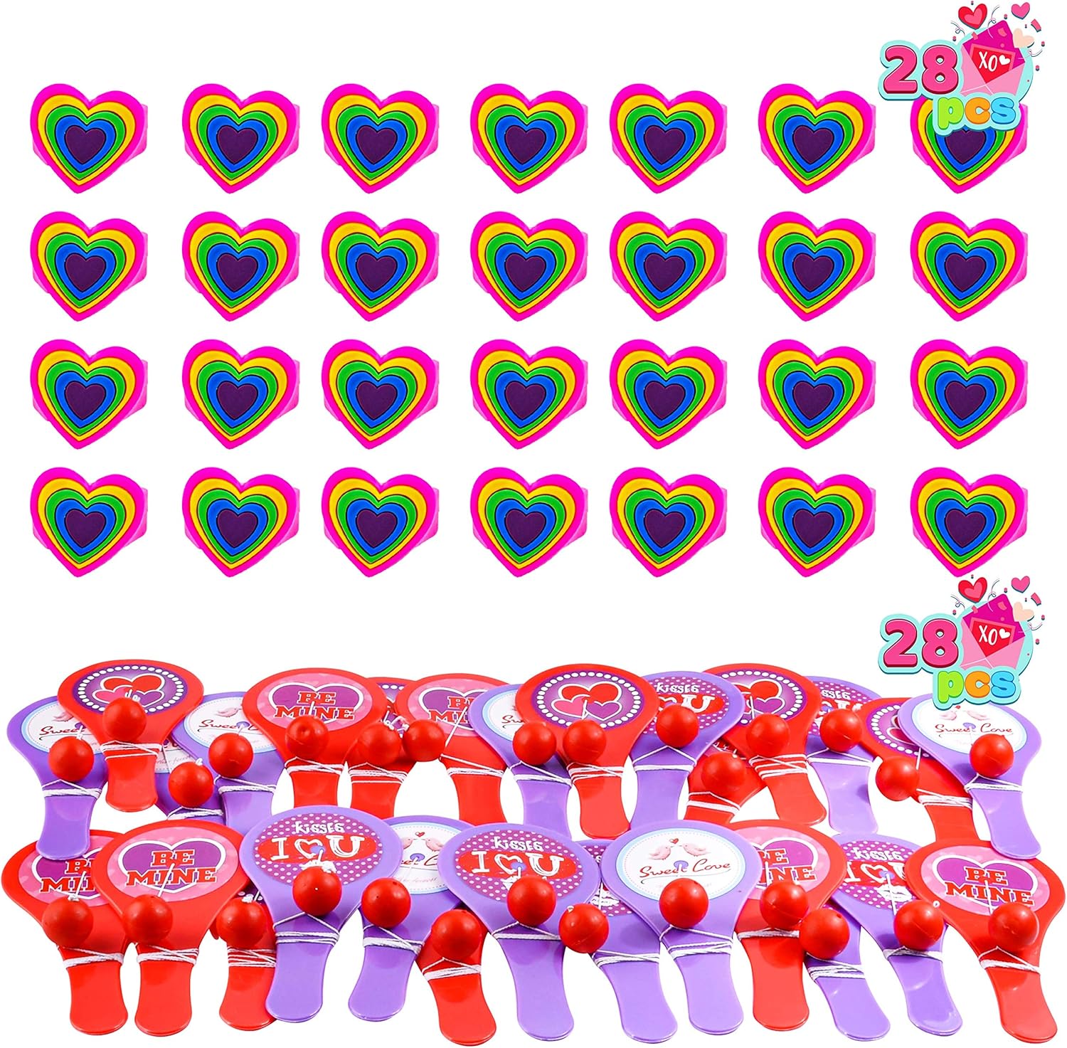 Joyin 140 Pcs Valentines Day Stationery Set with Treat Bags for Kids Party Favor, Classroom Exchange Prizes including Heart Shape Mini Car Toy