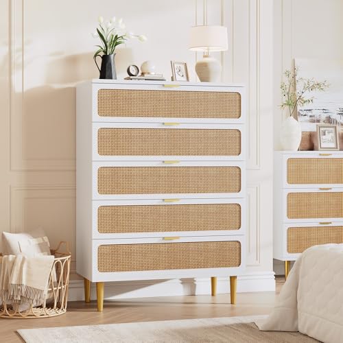 Rattan 5 Drawer Dressers for Bedroom, Tall Dresser with Deep Drawers, Large Chest of Drawers for Closet with Wide Top