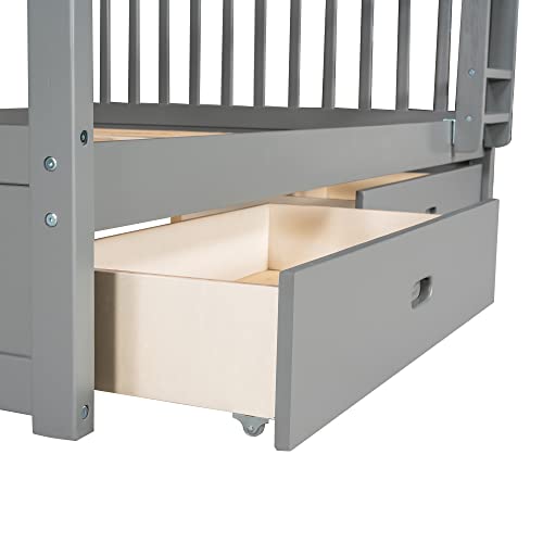 SOFTSEA Twin Over Full Bunk Bed with Slide, Solid Wood Bunk Beds with Stairs for Kids