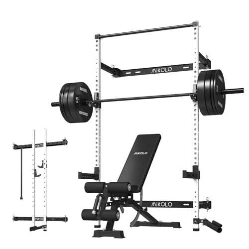 Mikolo 2" x 2" Folding Wall Mounted Squat Rack, 1000 Pounds Capacity Power Rack with Pull Up Bar, J Hooks and Other Attachments, Space-Saving Home Gym