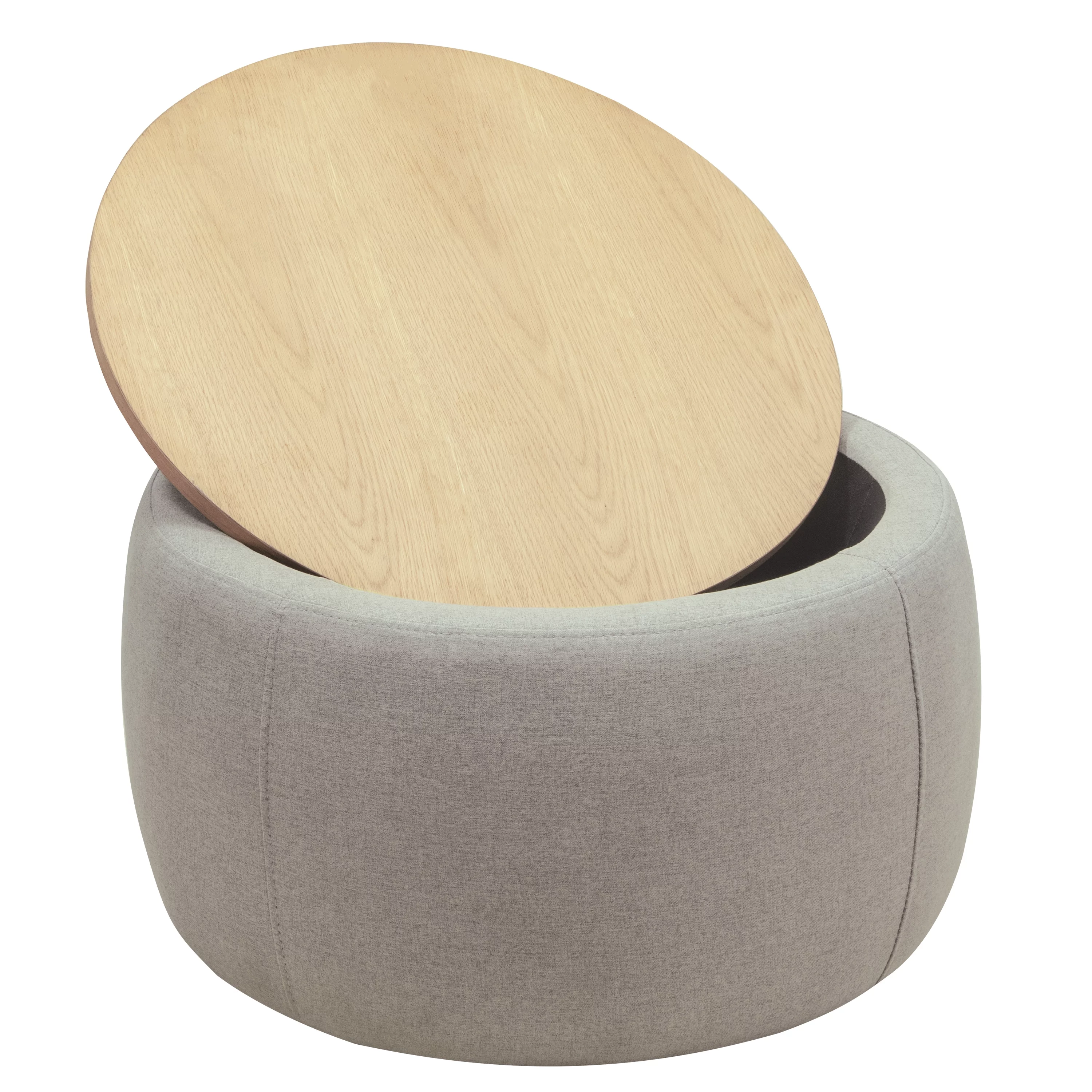 Seizeen Ottoman With Storage, Round Storage Ottoman Coffee Table with Wood Tray, 2-in-1 Fabric End Side Table for Living Room Bedroom, Grey