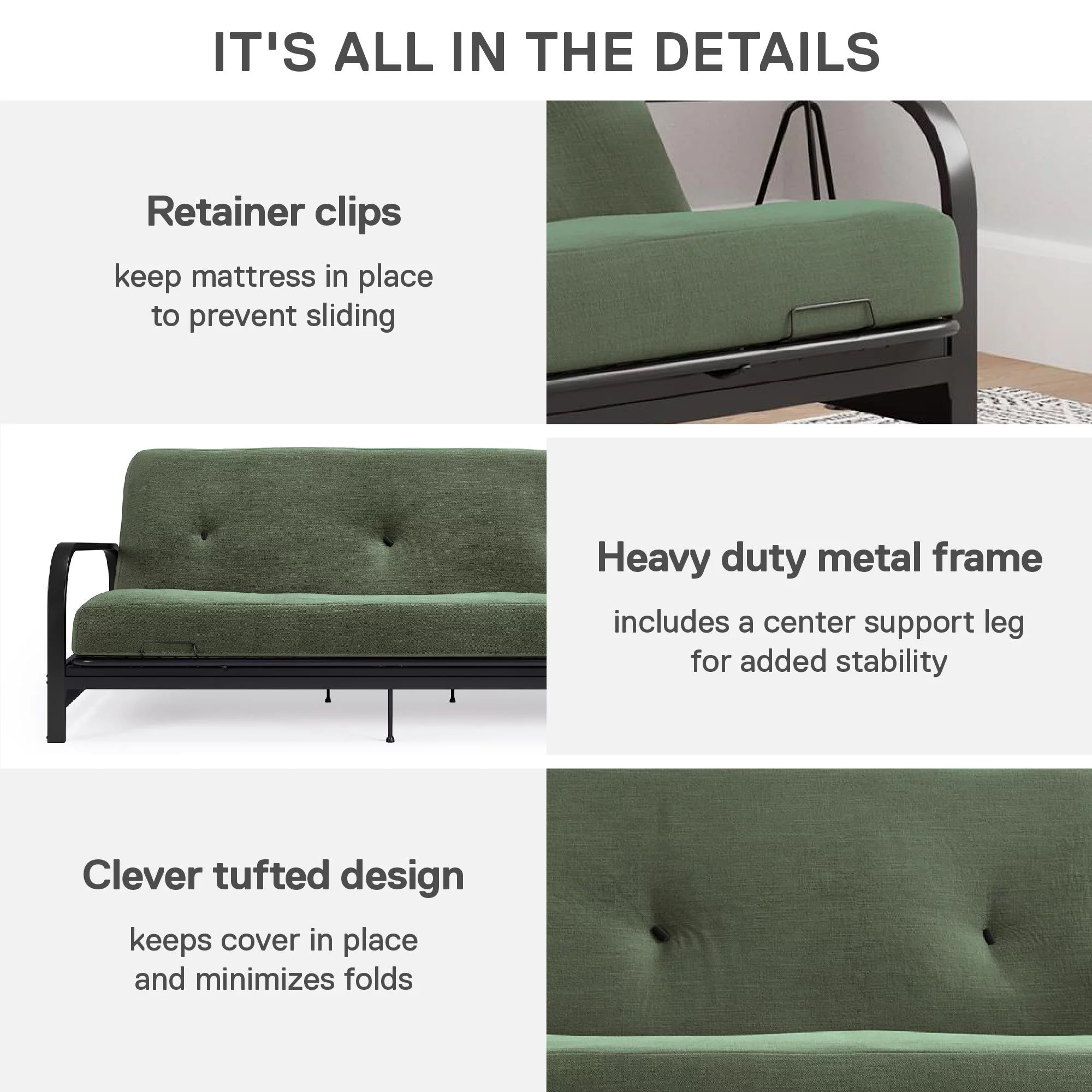 Cleo Futon Set with Black Metal Sofa Bed Frame and 6" Mattress, Full Size, Army Green