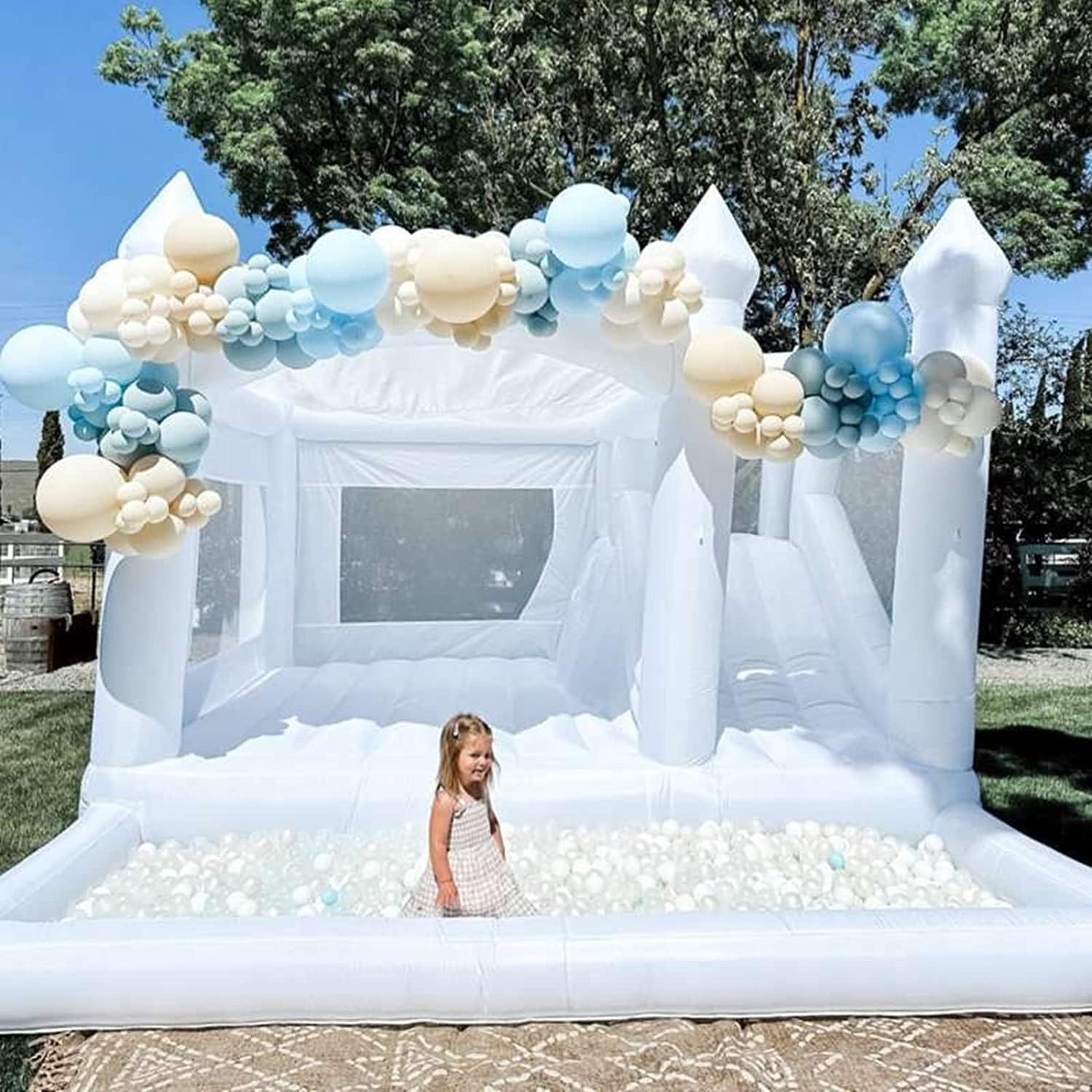White Bounce House with Slide Ball Pit Blower Oxford Cloth Inflatable 15FTx 13FT Large White Bounce House Bouncy Castles for Kids Adult Birthday
