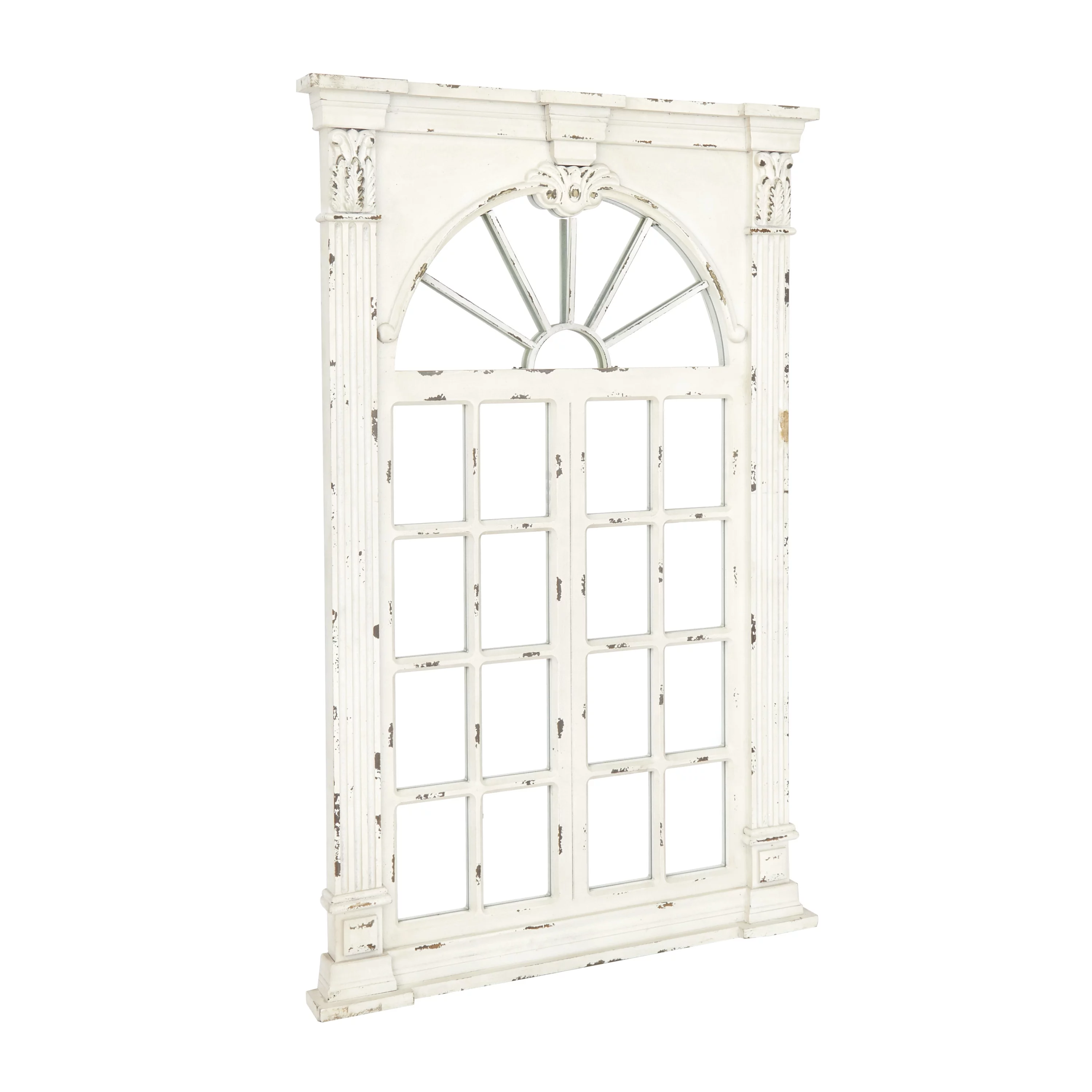 DecMode 37" x 52" Cream Window Pane Inspired Wall Mirror with Arched Top and Distressing